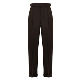 AC100%Merino羊毛冬季厚款法兰绒高腰单褶直筒西裤男正装修身长裤