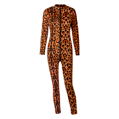 男女高弹瑜伽豹纹塑身长袖连体衣