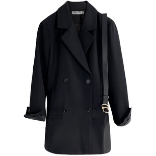 高级感黑色小西装外套女2025春秋新款英伦风系带收腰炸街西服上衣