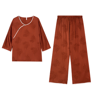 达芬奇密码夏秋新款冰丝睡衣女中式国风黄色六分袖香槟黄粉色礼品