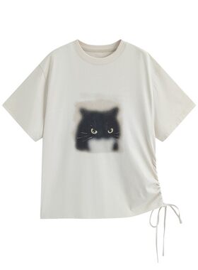 万有引力博物馆侧边抽绳黑猫印花短袖T恤女夏季2026新款宽松上衣K