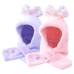 迪士尼儿童护耳帽冬季加厚加毛绒一体围巾帽子爱莎保暖女童套头帽