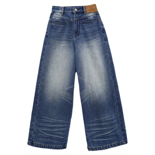 CIZZLEMORE【常穿之作】水洗立体猫须侧边褶裥宽松加绒阔腿牛仔裤