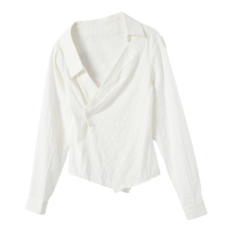 【3折】白色斜领系扣不对称衬衫小众设计感别致上衣女夏