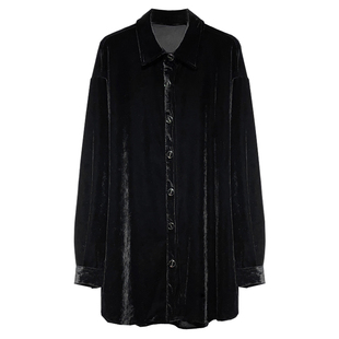 港风复古中长款轻奢丝绒衬衫女冬季新款百搭宽松纯色简约上衣