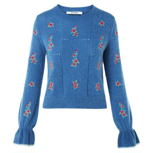 朗姿羊毛圆领刺绣毛衣法式毛针织衫修身通勤上衣2026年春季新款女