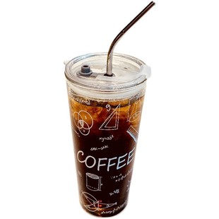玻璃杯大容量办公室水杯带刻度耐高温高颜值ins风吸管杯750ml杯子