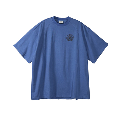 Aurocean 学院徽章刺绣T恤 320克重磅纯棉宽肩大版蓝色短袖t
