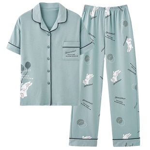 浪莎睡衣女款夏季纯棉短袖长裤开衫休闲加大码宽松全棉家居服套装