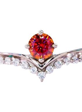 D色莫桑石V形四爪红宝石戒指