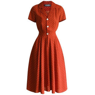 赫本通勤波点翻领深红复古小香风气质上班白色衬衫温柔连衣裙589