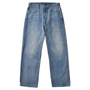 柴米14oz重磅洗水浅蓝色牛仔裤中腰宽松直筒休闲长裤美式复古咔叽