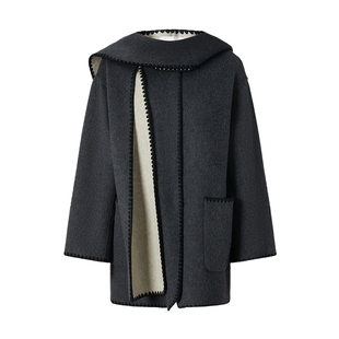 商场同款 摩萨克冬款优雅高智感围巾帽装饰双面呢大衣女