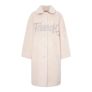 TCH2025冬季新款慵懒烫钻时尚翻领米色中长款毛毛外套T75D05E1013