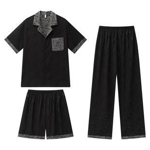 乐姿梦睡衣男夏季冰丝短袖短裤长裤仿真丝三件套高级感家居服套装