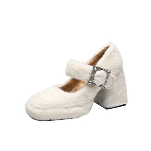 法式绝美白色高跟鞋女秋冬加绒粗跟方头水钻超火毛毛鞋厚底小个子