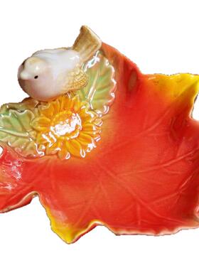 创意彩色树叶小鸟桌面陶瓷碟摆件