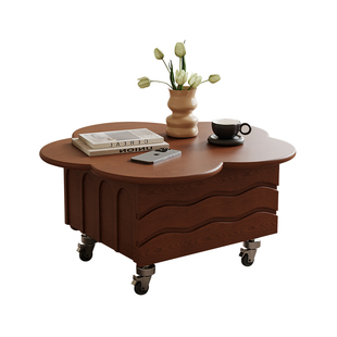 中复古风多功能茶几大司马异形花瓣茶几实木小户型可升降移动茶几