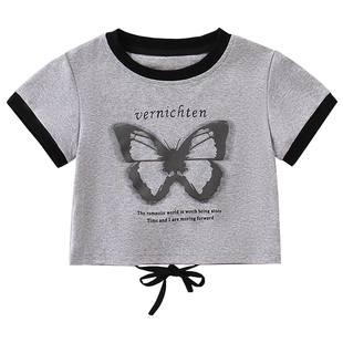 女童t恤短袖2026新款纯棉夏季洋气薄款独特小女孩设计感短款上衣