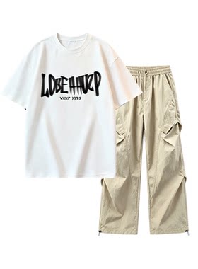 青少年男装夏季纯棉短袖T恤工装裤两件套宽松休闲运动套装潮牌