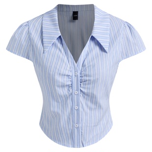 【明星同款】CIDER  棉质翻领条纹褶皱衬衫上衣小衫114333418