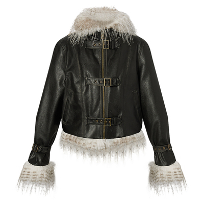 LA CRAWFISH2024冬季新款机车风大毛领擦色pu做旧复古皮衣外套女