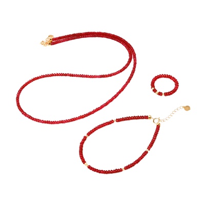 若华珠宝念兴 素面鸽血红宝石手链女18K金彩宝戒指项链套装礼物