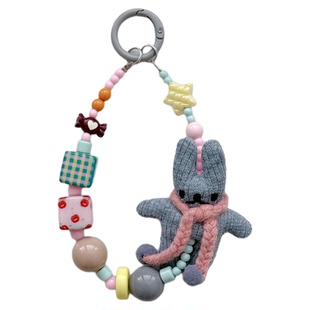 原创自制手机链ins日韩灰色秋冬围脖小兔子手机壳挂绳可爱玩偶ccd相机挂件手工串珠防丢绳新款毛线编织挂饰女