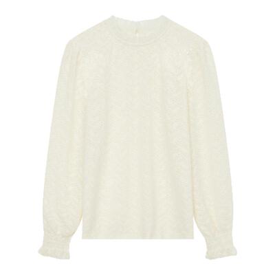 飘蕾米白法式荷叶边套头上衣2025冬季新款气质文艺风灯笼袖打底衫