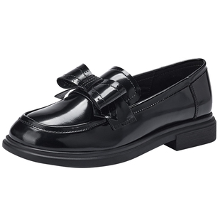 热风黑色皮鞋2026年春季新款厚底百搭乐福鞋蝴蝶结粗跟小个子女鞋