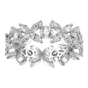 轻奢四叶草人工钻石戒指女952银镶嵌满钻超闪排钻食指排戒不掉色