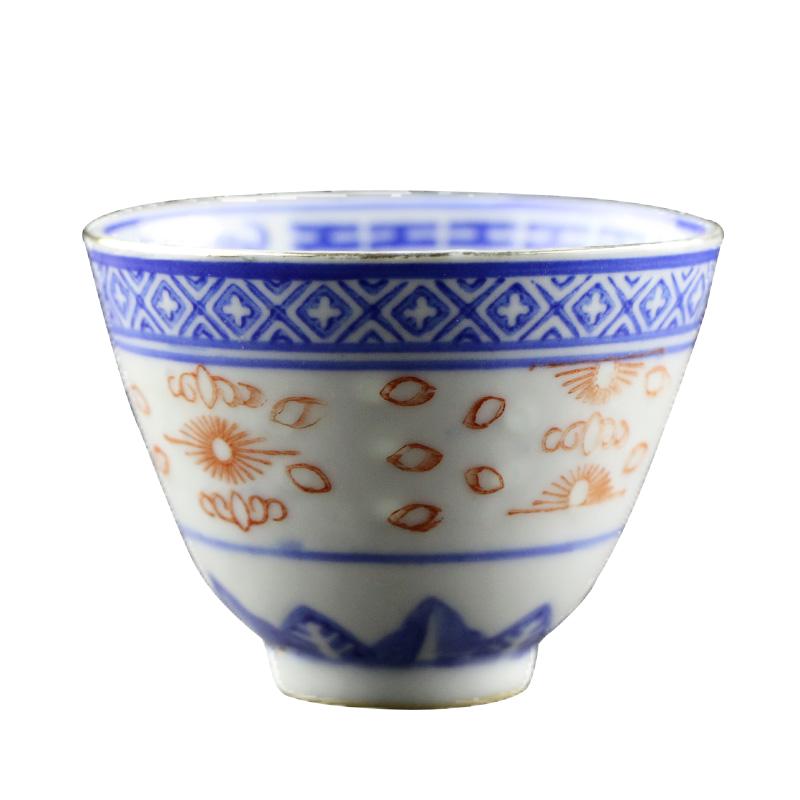 景德镇光明瓷厂加彩青花玲珑缸盅