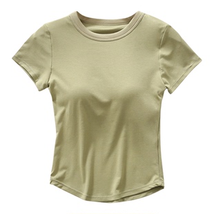 带胸垫短袖t恤女士夏季宽松纯色圆领薄款瑜伽运动半袖免穿文胸