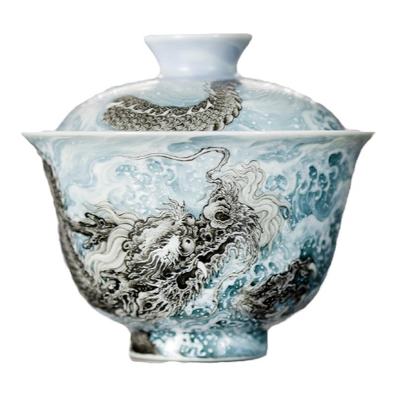 仿古粉彩描金龙腾四海盖碗