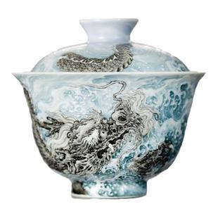圣山景德镇高端粉彩茶具盖碗套组手绘潮海龙纹描金茶具泡茶盖碗