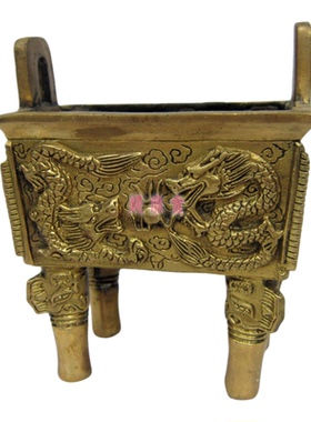 四方鼎香炉纯铜质二龙戏珠摆件