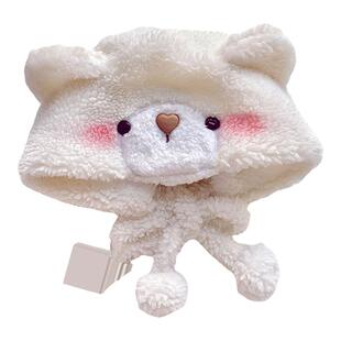 冬款可爱腮红小熊帽子冬季女毛绒茸护耳冬天保暖围巾一体秋冬百搭