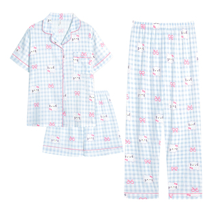 格子睡衣女三件套春夏季新款短袖长裤卡通家居服套装轻柔睡衣女