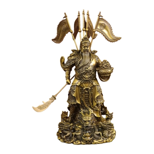 纯黄铜飞龙关公铜像摆件横提刀关二爷武财神像聚宝盆九龙关公站像