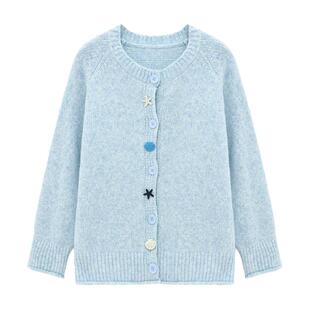 Basic House/百家好韩系排扣毛衣外套女绵羊毛纯色圆领插肩袖开衫