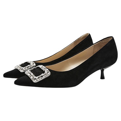 玖熙方扣尖头浅口单鞋小猫跟