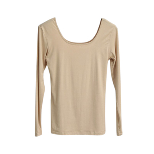 秋冬加绒薄绒肤色前后u领打底衫紧身保暖内衣女士上衣低领肉色T恤