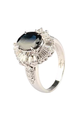 中古95新日本进口商品椭圆形切工钻石铂金900蓝宝石53号戒指