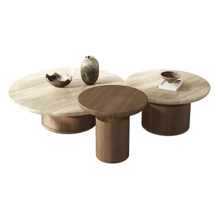 纯天然洞石茶几组合法式复古实木圆茶几侘寂风家用大理石高级感