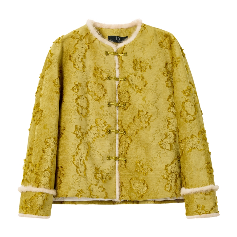 蓝语大码新中式亮丝剪花羽绒服2025冬季新款国风水貂毛保暖短外套