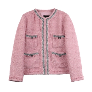 NEELLY纳俪商场同款绵羊毛小香风短外套女粉色甜美气质粗花呢上衣