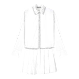 Maje秋冬女装法式优雅白色百褶短款仿珍珠点缀长袖衬衫领连衣裙