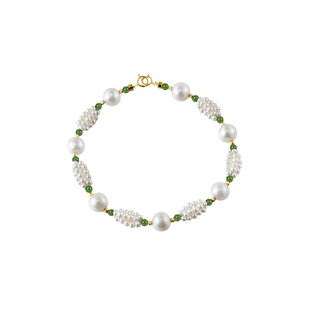 海蒂珠宝 茉莉青柚 2-8mm淡水珍珠翡翠编织设计款手链 18K金送礼