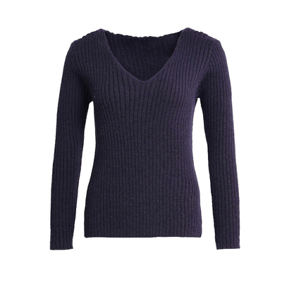 BM针织V领长袖毛衣女2026新款爆款秋季 条纹纹理藏青色外穿毛衣
