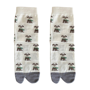 无骨分趾袜女中筒袜棉二趾袜日系卡通小狗两趾袜可爱猪蹄鞋堆堆袜